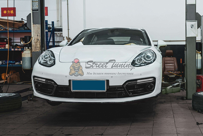 картинка Передний бампер в сборе, в стиле GTS, с ДХО для Porsche Panamera 2014-2016 годов (970.2) магазин  StreetTuning 